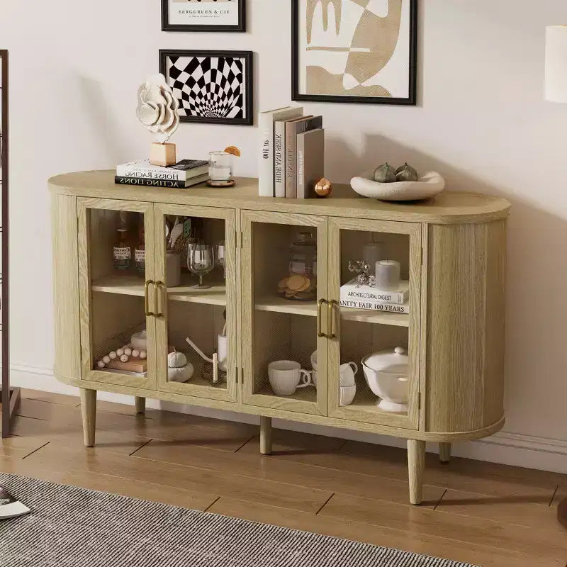 Mobile credenza da fattoria con contenitore, mobile buffet in legno con ante in vetro e ripiani regolabili