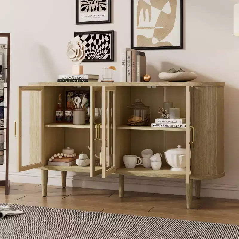 Mobile credenza da fattoria con contenitore, mobile buffet in legno con ante in vetro e ripiani regolabili