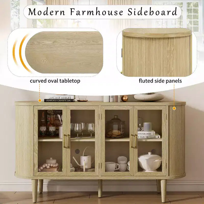 Mobile credenza da fattoria con contenitore, mobile buffet in legno con ante in vetro e ripiani regolabili