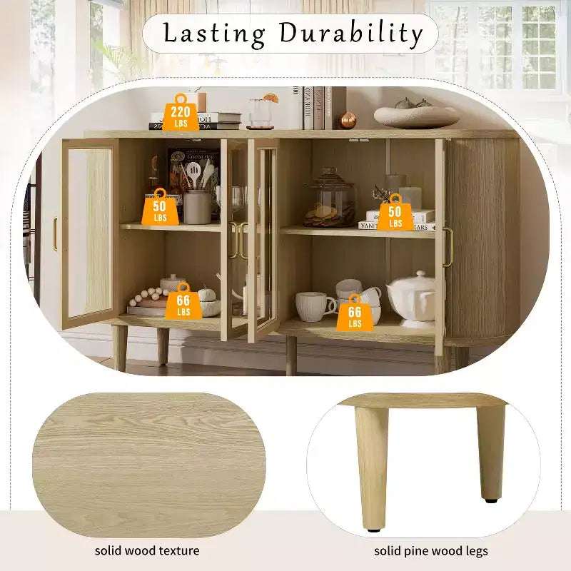 Mobile credenza da fattoria con contenitore, mobile buffet in legno con ante in vetro e ripiani regolabili