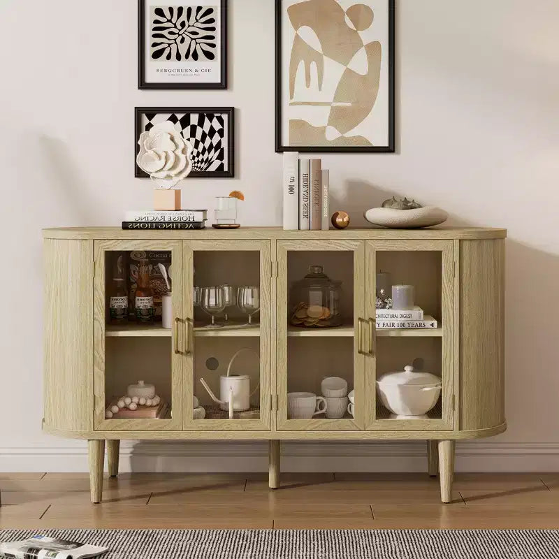 Mobile credenza da fattoria con contenitore, mobile buffet in legno con ante in vetro e ripiani regolabili