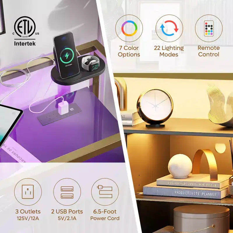 Bestier 47 Mobile Bar da Caffè con Ripiani Regolabili, Credenza a LED con Prese Elettriche e Ripiani in Vetro, Tavolo d'Ingresso per Soggiorno