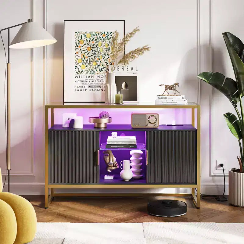 Bestier 47 Mobile Bar da Caffè con Ripiani Regolabili, Credenza a LED con Prese Elettriche e Ripiani in Vetro, Tavolo d'Ingresso per Soggiorno