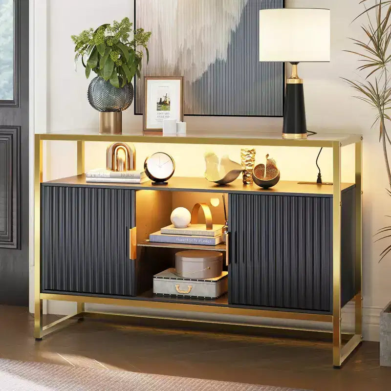 Bestier 47 Mobile Bar da Caffè con Ripiani Regolabili, Credenza a LED con Prese Elettriche e Ripiani in Vetro, Tavolo d'Ingresso per Soggiorno