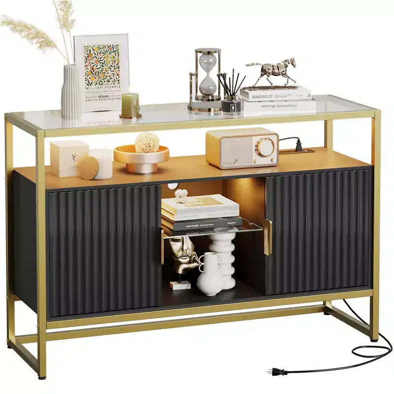 Bestier 47 Mobile Bar da Caffè con Ripiani Regolabili, Credenza a LED con Prese Elettriche e Ripiani in Vetro, Tavolo d'Ingresso per Soggiorno