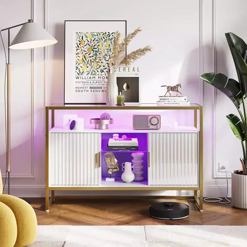Bestier 47 Mobile Bar da Caffè con Ripiani Regolabili, Credenza a LED con Prese Elettriche e Ripiani in Vetro, Tavolo d'Ingresso per Soggiorno