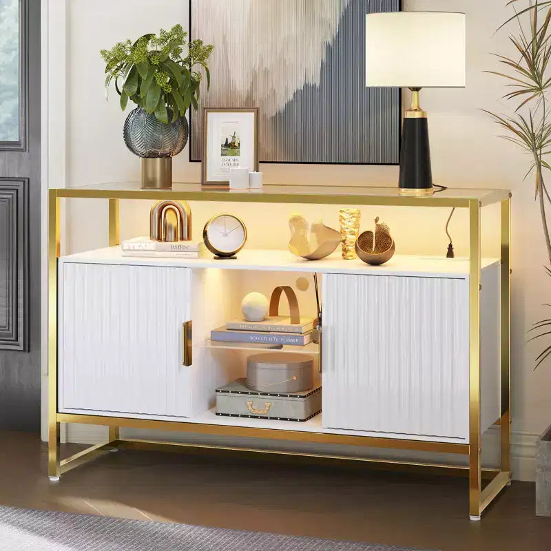 Bestier 47 Mobile Bar da Caffè con Ripiani Regolabili, Credenza a LED con Prese Elettriche e Ripiani in Vetro, Tavolo d'Ingresso per Soggiorno