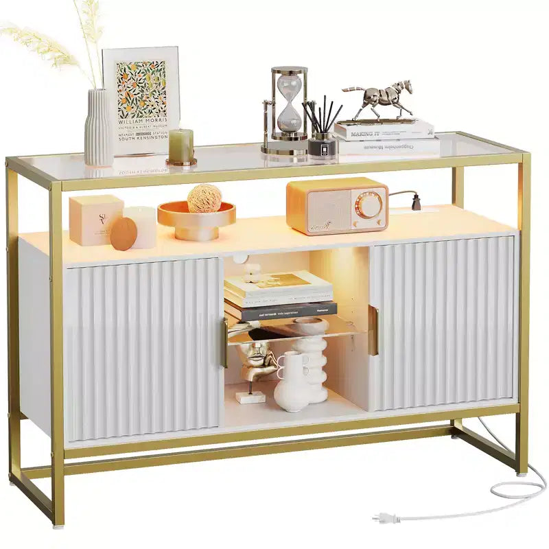 Bestier 47 Mobile Bar da Caffè con Ripiani Regolabili, Credenza a LED con Prese Elettriche e Ripiani in Vetro, Tavolo d'Ingresso per Soggiorno