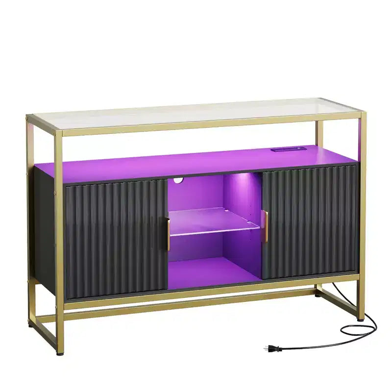 Bestier 47 Mobile Bar da Caffè con Ripiani Regolabili, Credenza a LED con Prese Elettriche e Ripiani in Vetro, Tavolo d'Ingresso per Soggiorno
