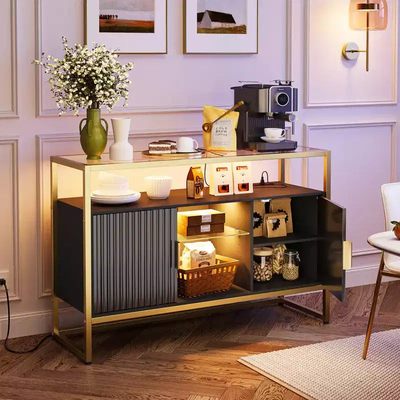Bestier 47 Meuble de bar à café avec étagères réglables, buffet à LED avec prise de courant et étagères en verre, table d'entrée pour salon