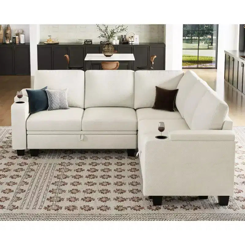 Divano componibile a L in tessuto Belffin - Design modulare con contenitore nascosto e portabicchieri rimovibile