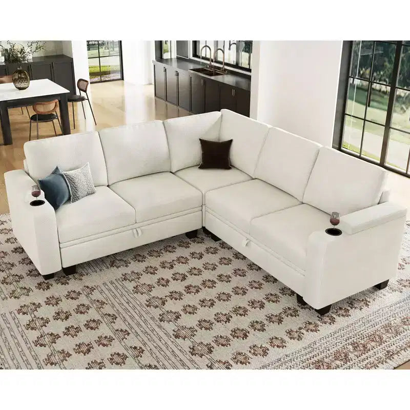 Divano componibile a L in tessuto Belffin - Design modulare con contenitore nascosto e portabicchieri rimovibile