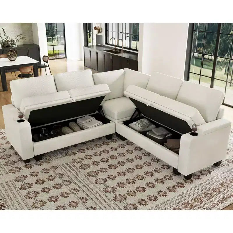 Divano componibile a L in tessuto Belffin - Design modulare con contenitore nascosto e portabicchieri rimovibile