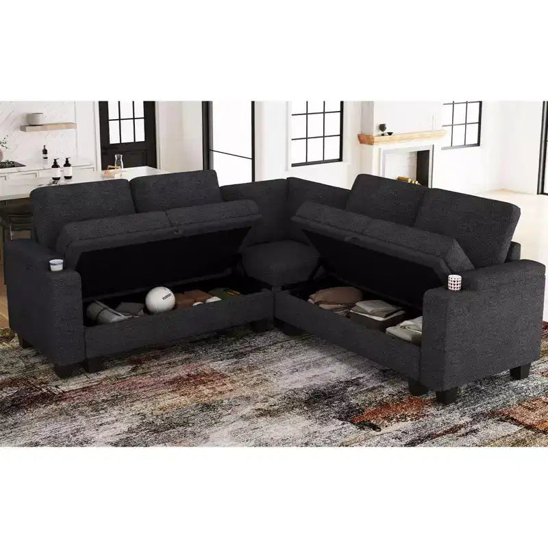 Divano componibile a L in tessuto Belffin - Design modulare con contenitore nascosto e portabicchieri rimovibile