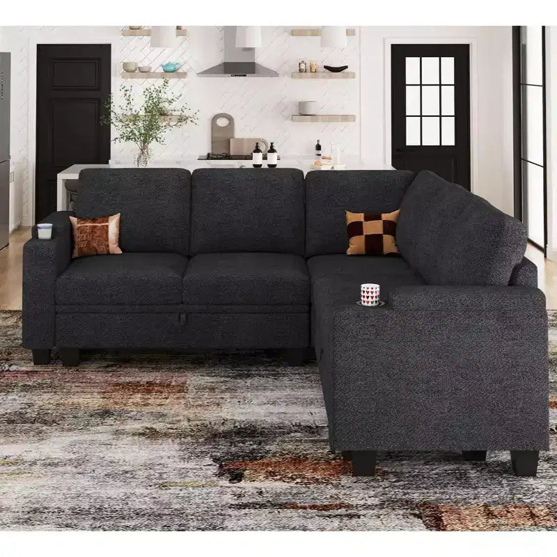 Divano componibile a L in tessuto Belffin - Design modulare con contenitore nascosto e portabicchieri rimovibile