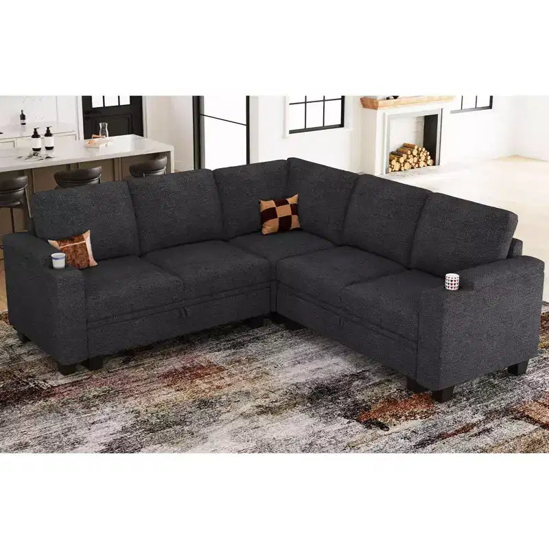 Divano componibile a L in tessuto Belffin - Design modulare con contenitore nascosto e portabicchieri rimovibile