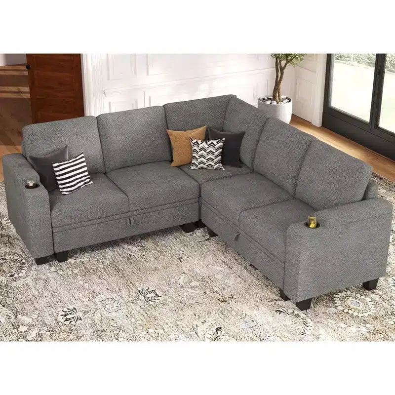 Divano componibile a L in tessuto Belffin - Design modulare con contenitore nascosto e portabicchieri rimovibile