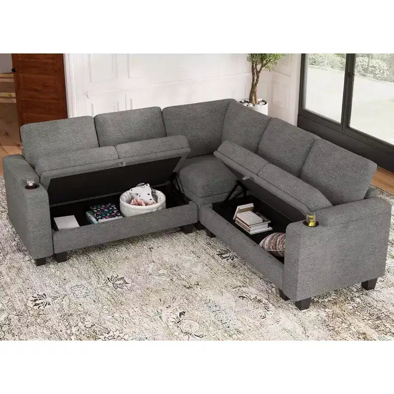 Divano componibile a L in tessuto Belffin - Design modulare con contenitore nascosto e portabicchieri rimovibile