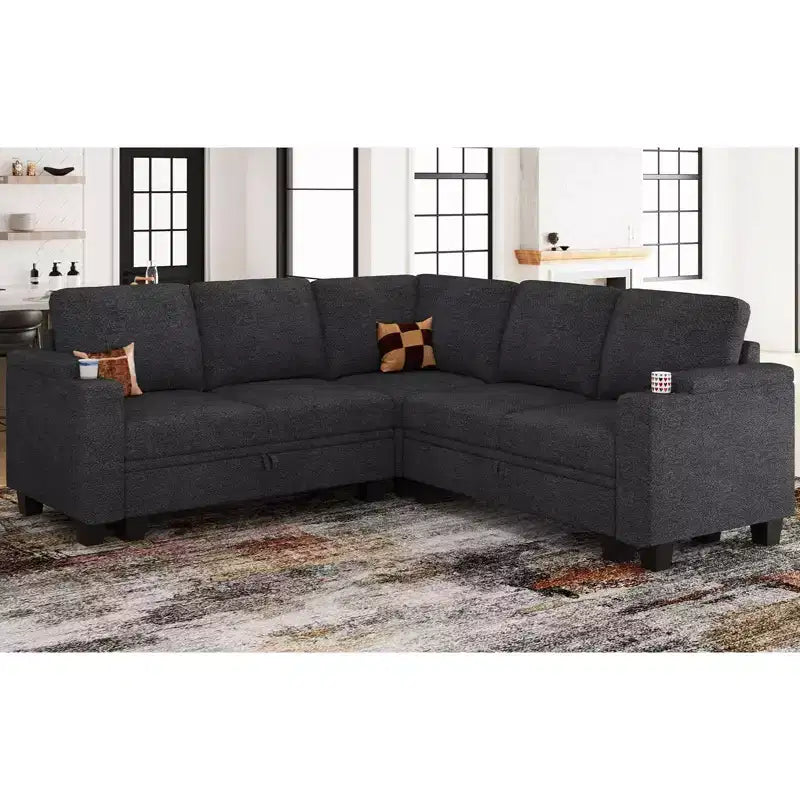 Belffin L-Shaped Fabric Sectional Couch - Modular Design with Hidden Storage & Removable Cup Holder