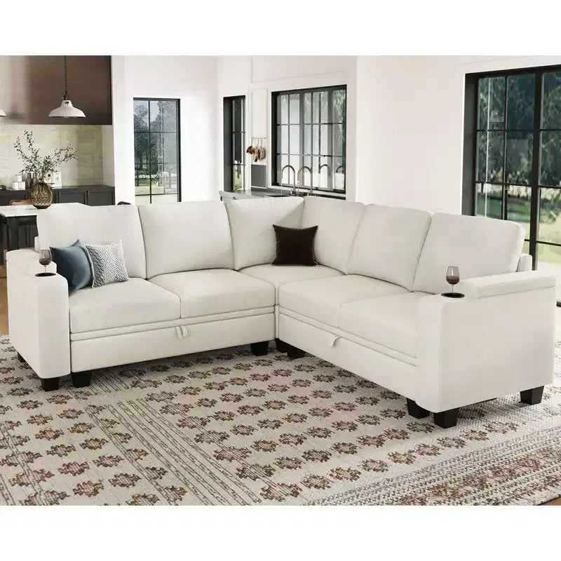 Divano componibile a L in tessuto Belffin - Design modulare con contenitore nascosto e portabicchieri rimovibile