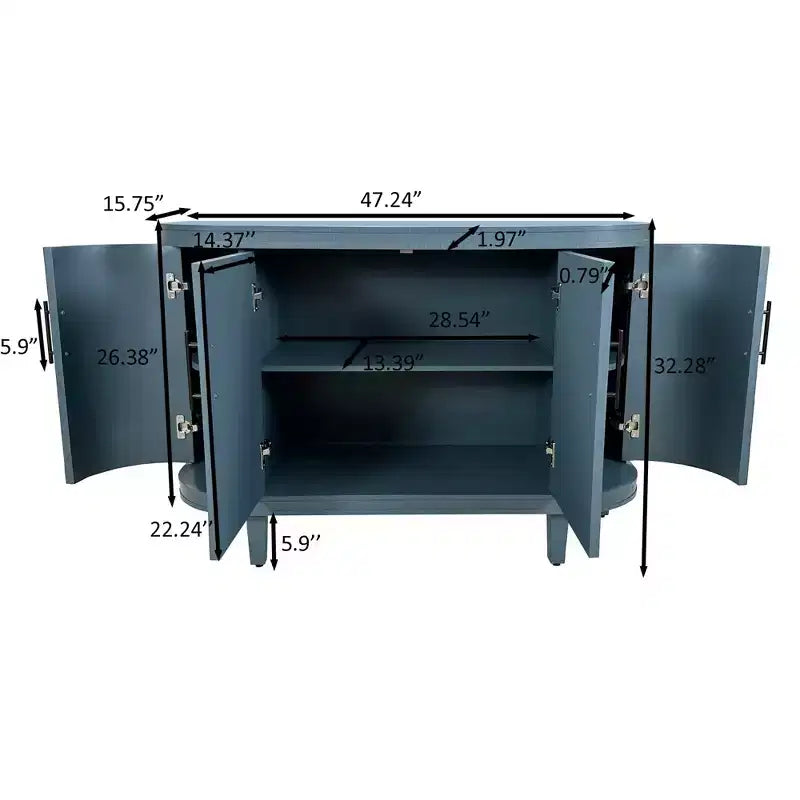 Credenza curva blu da 47,2 pollici, mobile contenitore decorativo, consolle in legno con 4 ante e ripiani interni regolabili