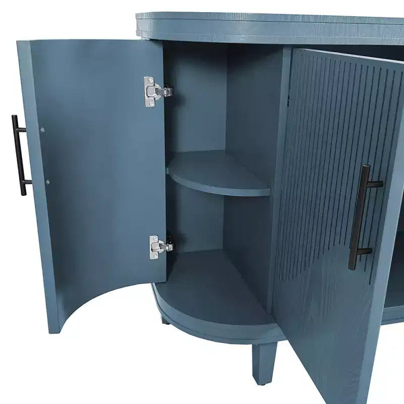 Credenza curva blu da 47,2 pollici, mobile contenitore decorativo, consolle in legno con 4 ante e ripiani interni regolabili
