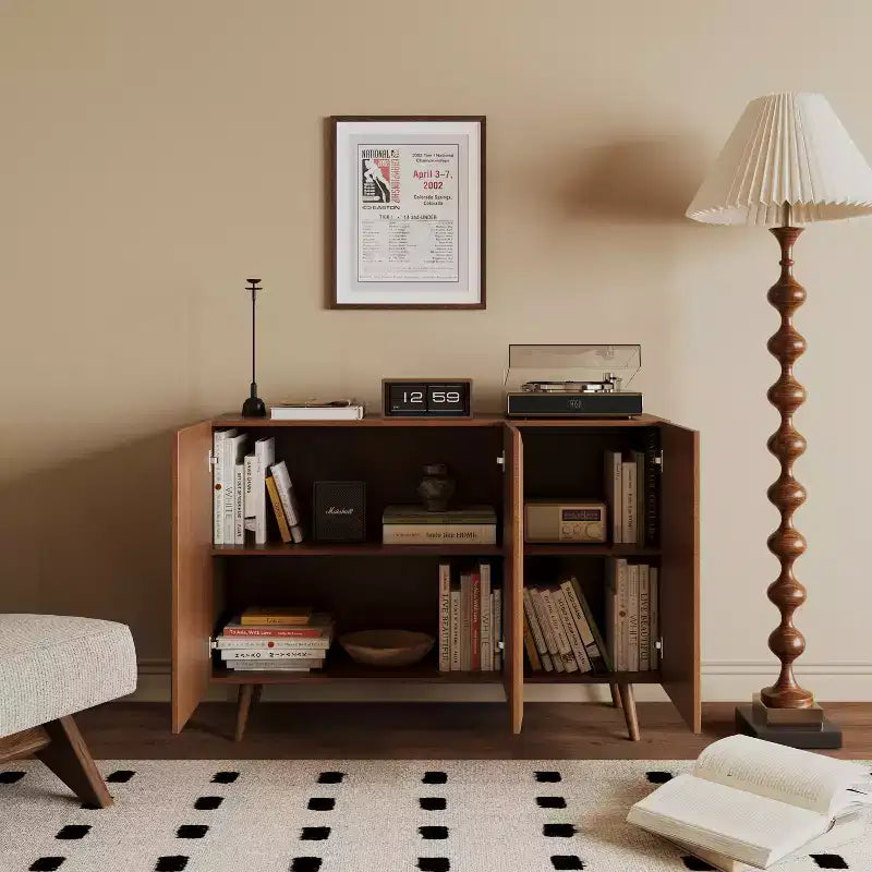 GDFStudio Hobson Mobile Contenitore Decorativo Moderno 47 in Rattan e Legno Massello con Ante e Ripiani