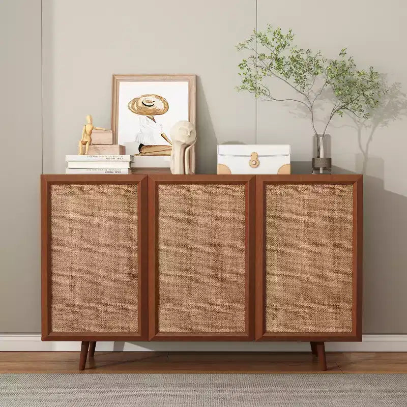 GDFStudio Hobson Mobile Contenitore Decorativo Moderno 47 in Rattan e Legno Massello con Ante e Ripiani