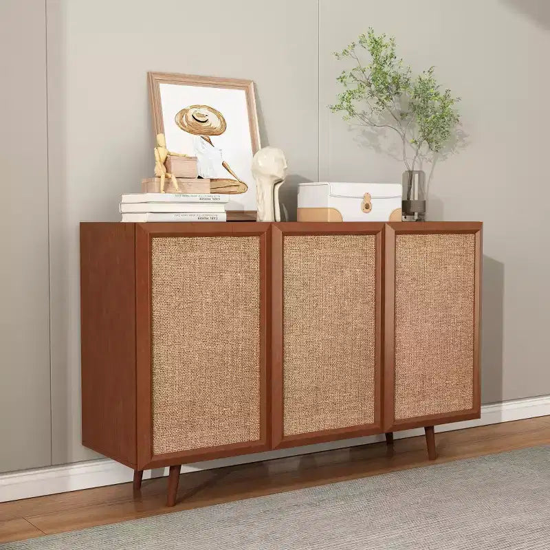GDFStudio Hobson Mobile Contenitore Decorativo Moderno 47 in Rattan e Legno Massello con Ante e Ripiani