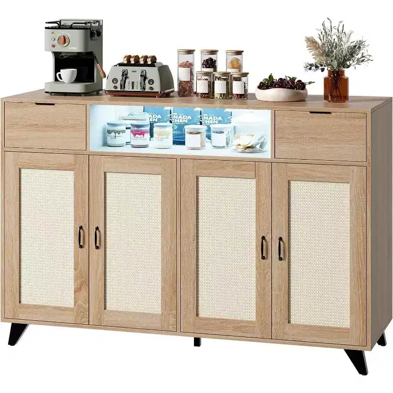 Acekool Buffet Cabinet with Charging Station & LED Lights  Adjustable Storage for Kitchen, Dining, and Living Room (Black)