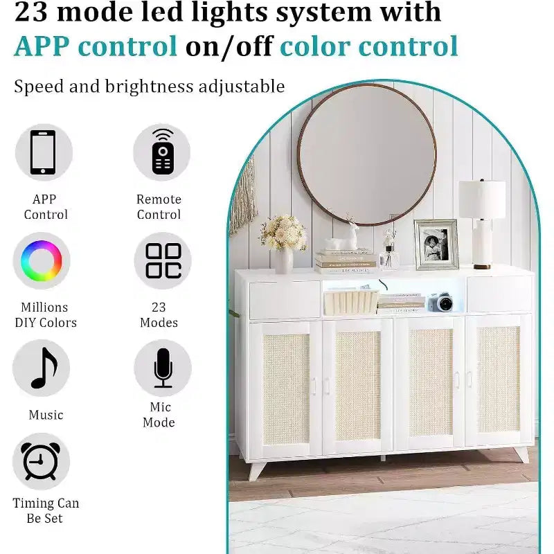 Acekool Credenza a buffet con stazione di ricarica e luci a LED, contenitore regolabile per cucina, sala da pranzo e soggiorno (nero)
