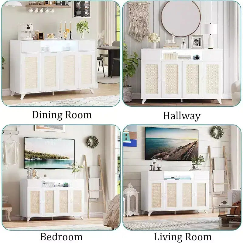 Acekool Credenza a buffet con stazione di ricarica e luci a LED, contenitore regolabile per cucina, sala da pranzo e soggiorno (nero)