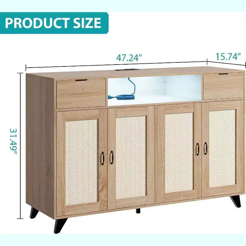 Acekool Credenza a buffet con stazione di ricarica e luci a LED, contenitore regolabile per cucina, sala da pranzo e soggiorno (nero)