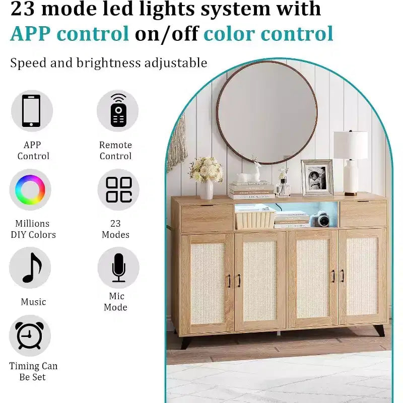 Acekool Credenza a buffet con stazione di ricarica e luci a LED, contenitore regolabile per cucina, sala da pranzo e soggiorno (nero)