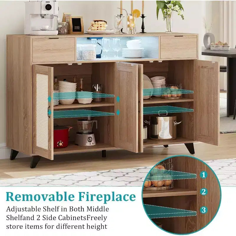 Acekool Credenza a buffet con stazione di ricarica e luci a LED, contenitore regolabile per cucina, sala da pranzo e soggiorno (nero)