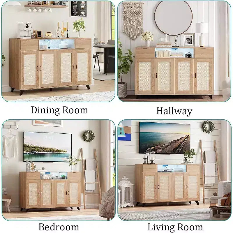 Acekool Credenza a buffet con stazione di ricarica e luci a LED, contenitore regolabile per cucina, sala da pranzo e soggiorno (nero)