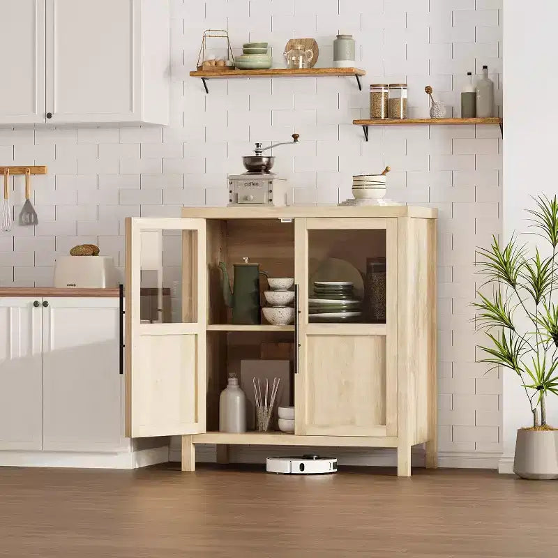 Acekool 29 Credenza stile rustico: armadietto con anta in vetro e ripiani regolabili, mobile contenitore stretto per cucina, sala da pranzo e piccoli spazi (finitura pera)