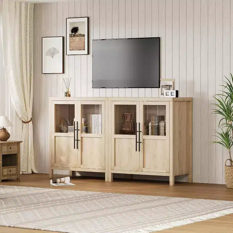 Acekool 29 Credenza stile rustico: armadietto con anta in vetro e ripiani regolabili, mobile contenitore stretto per cucina, sala da pranzo e piccoli spazi (finitura pera)