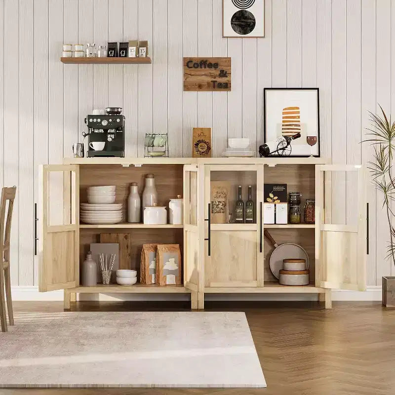 Acekool 29 Credenza stile rustico: armadietto con anta in vetro e ripiani regolabili, mobile contenitore stretto per cucina, sala da pranzo e piccoli spazi (finitura pera)