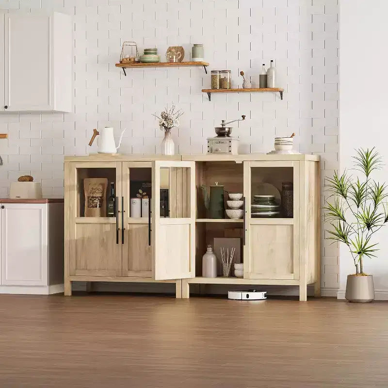 Acekool 29 Credenza stile rustico: armadietto con anta in vetro e ripiani regolabili, mobile contenitore stretto per cucina, sala da pranzo e piccoli spazi (finitura pera)