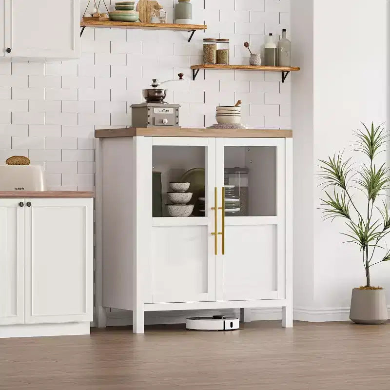 Acekool 29 Credenza stile rustico: armadietto con anta in vetro e ripiani regolabili, mobile contenitore stretto per cucina, sala da pranzo e piccoli spazi (finitura pera)