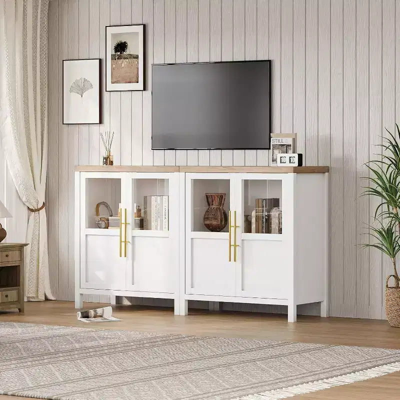 Acekool 29 Credenza stile rustico: armadietto con anta in vetro e ripiani regolabili, mobile contenitore stretto per cucina, sala da pranzo e piccoli spazi (finitura pera)