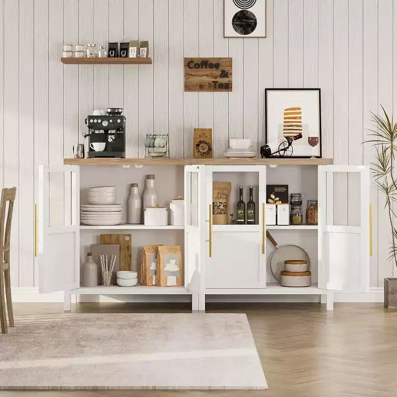 Acekool 29 Credenza stile rustico: armadietto con anta in vetro e ripiani regolabili, mobile contenitore stretto per cucina, sala da pranzo e piccoli spazi (finitura pera)