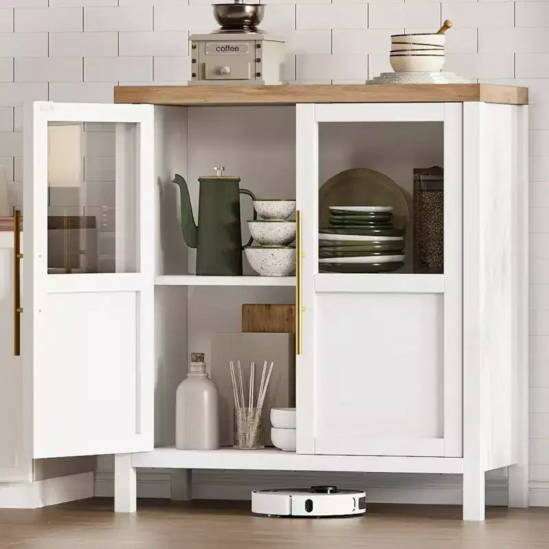 Acekool 29 Credenza stile rustico: armadietto con anta in vetro e ripiani regolabili, mobile contenitore stretto per cucina, sala da pranzo e piccoli spazi (finitura pera)