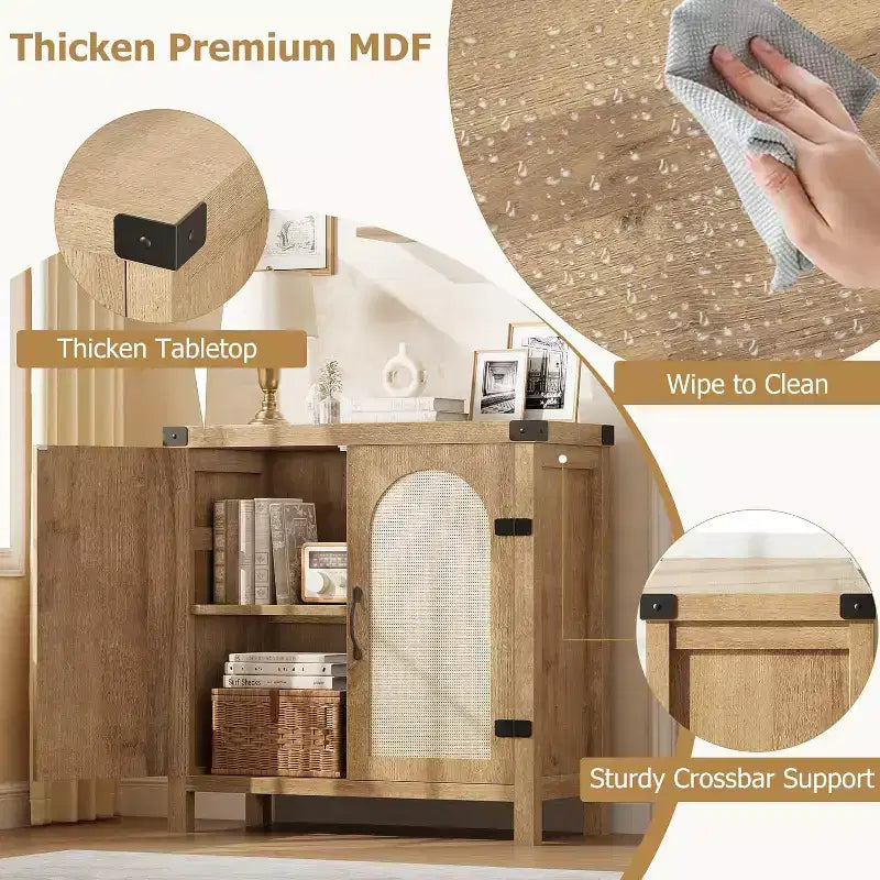 Madia Credenza in Rattan con Ante, Mobile Contenitore Moderno, per Cucina, Sala da Pranico e Soggiorno