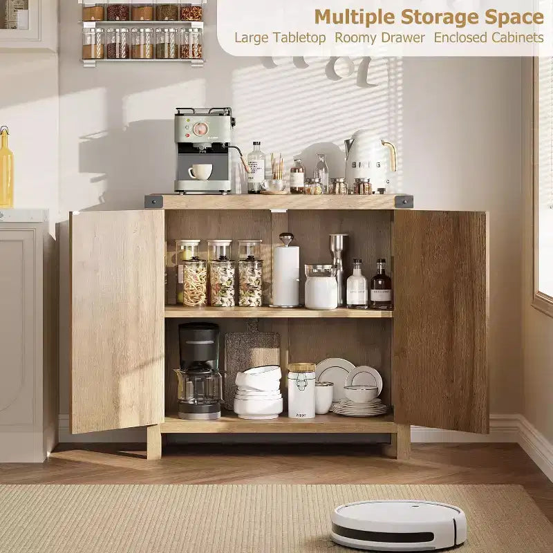 Madia Credenza in Rattan con Ante, Mobile Contenitore Moderno, per Cucina, Sala da Pranico e Soggiorno