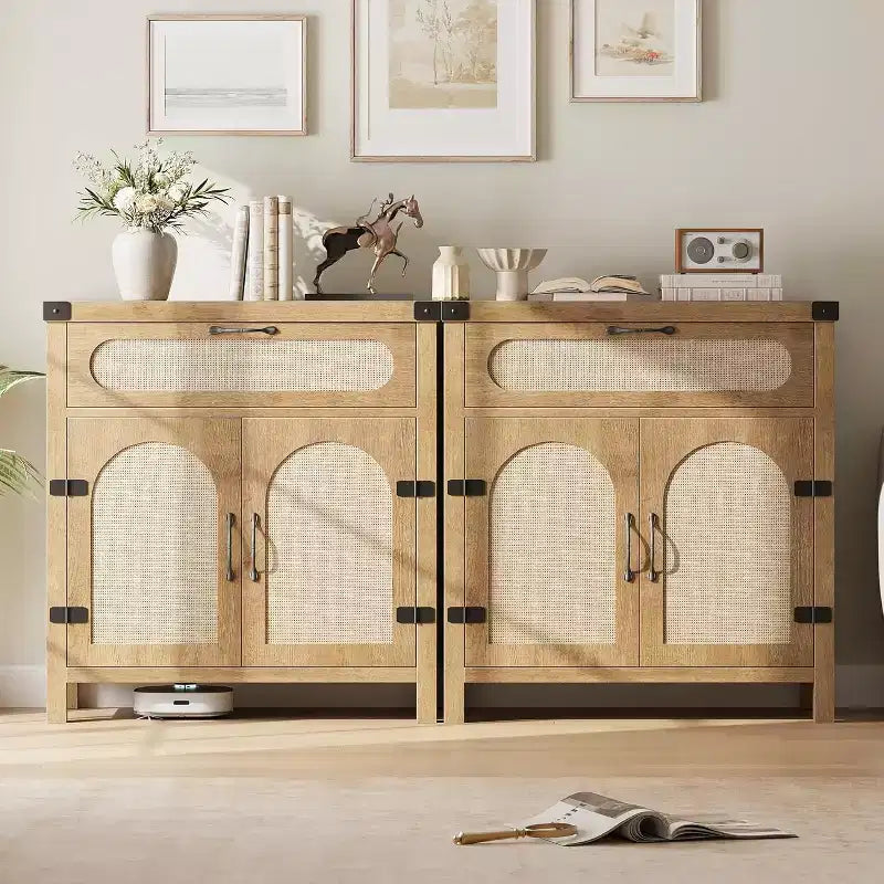 Madia Credenza in Rattan con Ante, Mobile Contenitore Moderno, per Cucina, Sala da Pranico e Soggiorno