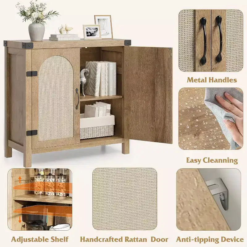 Madia Credenza in Rattan con Ante, Mobile Contenitore Moderno, per Cucina, Sala da Pranico e Soggiorno