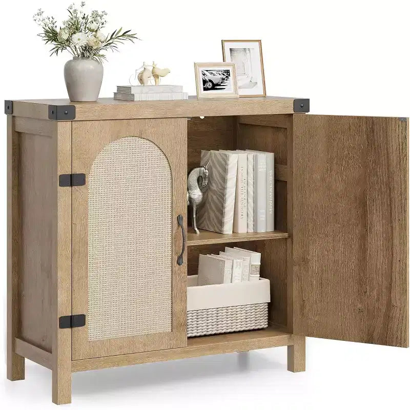 Madia Credenza in Rattan con Ante, Mobile Contenitore Moderno, per Cucina, Sala da Pranico e Soggiorno