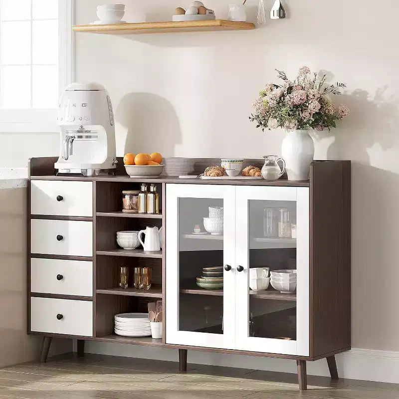 Mobile da Caffè da Fattoria con Contenitore, Credenza da Cucina da 55 con Ante in Vetro e Scaffali Aperti, Mobile Contenitore in Legno